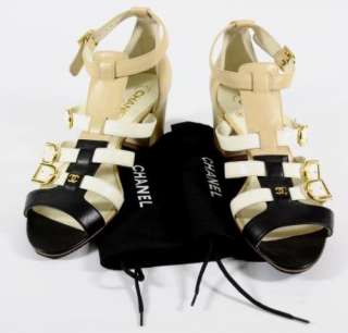 Authentic Chanel Gladiator Black Tan Leather Gold Buckle Sandal Heels 