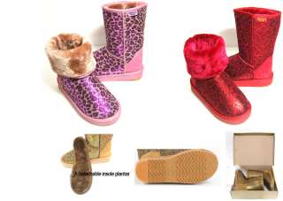   fur boots leopard sparkles glitter sequin Gold Silver Pink Red  