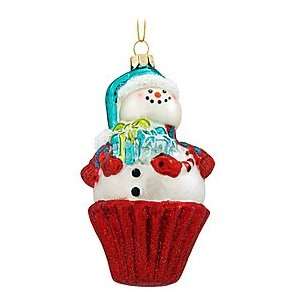  Cupcake Snowman Red Base Glass Ornament