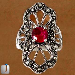 Sz 7 1/2 MARCASITE RED RUBY 925 STERLING SILVER SOLITAIRE ARTISAN RING 