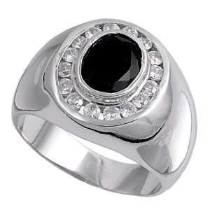 Sterling Silver Mens Ring   Clear / Black CZ   6mm Band Width   19mm 