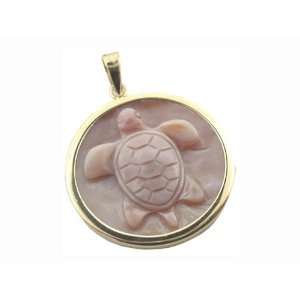 Pink Mother Of Pearl Sleeping Turtle Pendant. 14k Gold 