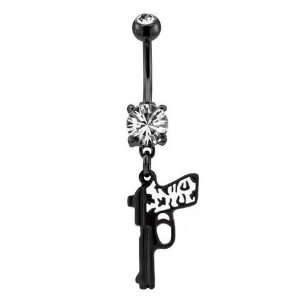 14G 3/8 Black PVD Coated Belly Ring with Dangling Gun with Black and 
