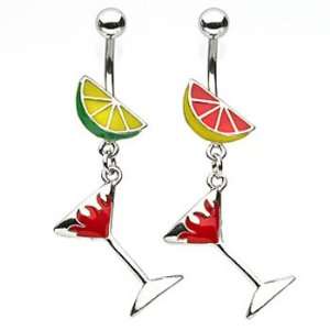  Fruit navel ring with dangling flaming martini glass, A 