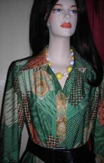 Vintage 60s 70s Green Paisley Knit Shirtwaist Dress 16  