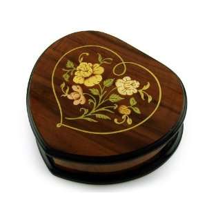   Wood Tone Heart Shaped Floral Inlay Music Jewelry Box Kitchen