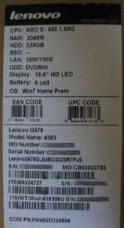 LENOVO G575 438358U LAPTOP 15.6 LCD 2GB 320GB HD, DVD, WEBCAM, NEW 