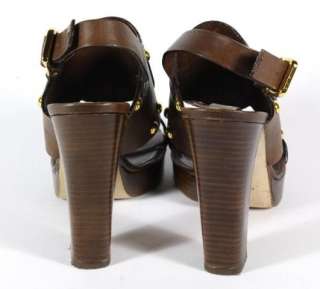   Gold Studded Brown Leather Strap High Wooden Heel Sandals 8 M  