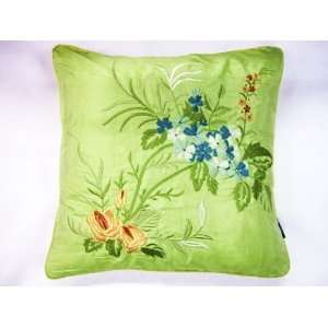 SHABBY CHIC GREEN FLORAL EMBROIDERED 18 FILLED CUSHION PILLOW