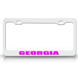 GEORGIA Country Steel Auto License Plate Frame Tag Holder, White/Pink