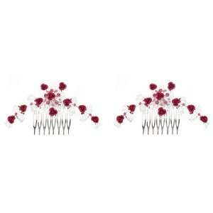   Fuchsia and Silvertone Metal Flowers with Crystals Hair Comb Set of 2