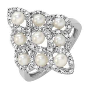 White Gold Pearl and 0.2 CTW Color J K SI2 SI3 Diamond Ladies Ring 