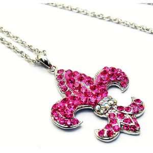 HOT Pink Crystal Fleur De Lis Charm Necklace X Long 30 Rope 