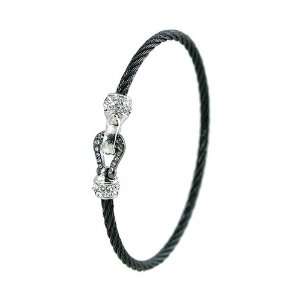 Black Designer style Cable Rope Bracelet with White Crystals on Silver 