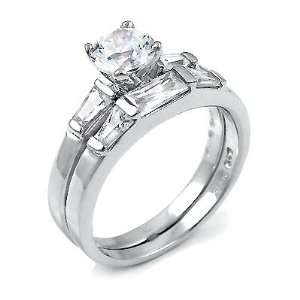 ) Sterling Silver Cubic Zirconia Engagement / Wedding Ring Set 