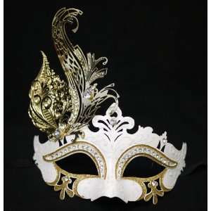  White Masquerade Venetian Style Costume Mask with Glitter 