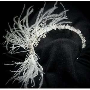  Ostrich Feather Bridal Headband with Clear Crystals 
