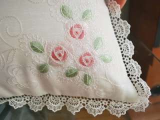 Pretty Lace Edge Pink Rose Embroidery Cushion Cover 16  