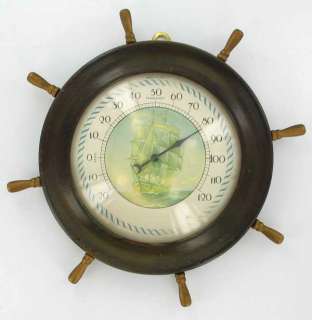 VINTAGE 1940S SHIPS WHEEL HELM THERMOMETER WOODEN  