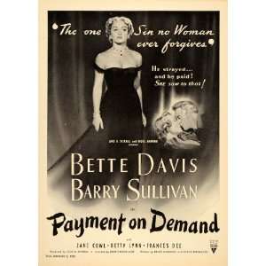  1951 Ad Payment On Demand Movie Bette Davis B Sullivan 