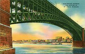 Eads Bridge Skyline of St Louis MO Linen Postcard  