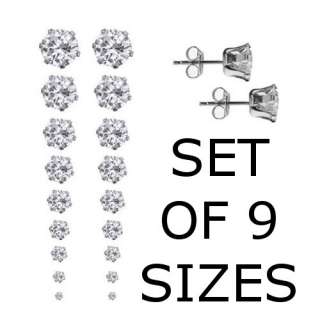 Set of 9 Pairs Round CZ Stud Earrings Prong Set in Silver Tone 