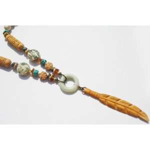 Dharamsala Collection  Y Style Necklace with Feather Carving and Jade 