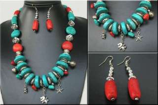 Tibetan Silver Coral Turquoise NECKLACE EARRING SET  