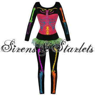   SEXY NEON SKELETON HALLOWEEN CLUBBING RAVE FANCY DRESS OUTFIT COSTUME