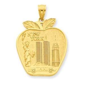  14k Gold Solid New York Skyline on Large Apple Pendant 