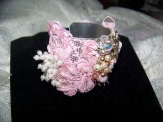 Bracelet Cuff Goldtone covered in vintage pink lace,faux pearls 