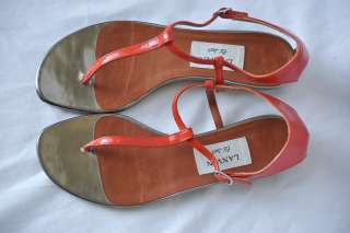 LANVIN Orange&Silver Patent Leather T Strap Thong Flat Shoe 36.5 6.5 