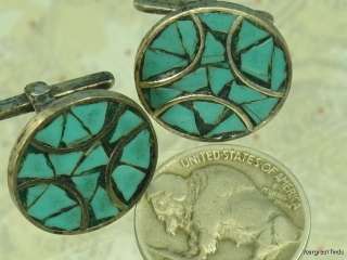 VINTAGE MEXICAN MEXICO TAXCO 925 STERLING SILVER TURQUOISE CUFF LINKS 