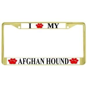  I Love My Afghan Hound Paw Prints Dog Gold Metal License 