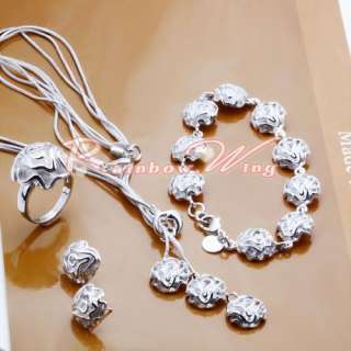 Silver Plated Rose Necklace/Bracelet/Ring/Earrings Set  