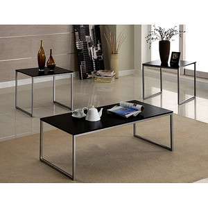 PC SET COFFEE END ACCENT TABLE SET SILVER LEGS BLACK TOP NEW  