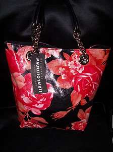 Maurizio Taiuti Handbag RED/BLACK FLOWERS Leather BUCKET BAG PURSE 