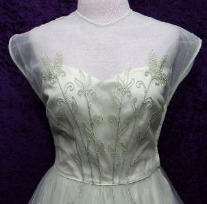 Vtg 50s Embellished Lace ILLUSION Party PROM Wedding Dress Pale 
