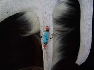 Native American Turquoise and Red Coral Ladies Ring  