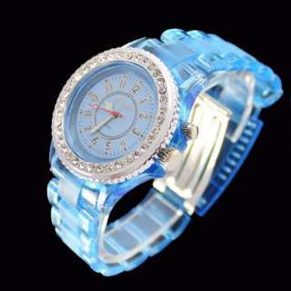 Fashion Blue Manmade Crystal Diamonds LEDs Women lady girls watch 