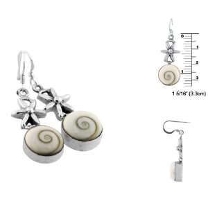   Silver Flower and Circle Dangle Earrings with Eye of Shiva Shell Inlay