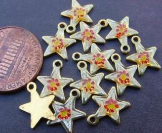 Vintage Small Asian Enameled Metal Floral Star Charms  