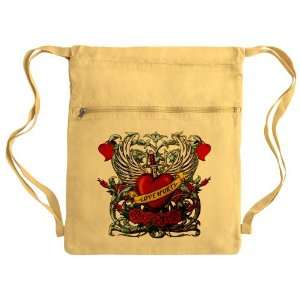  Messenger Bag Sack Pack Yellow Love Hurts with Sword Heart 