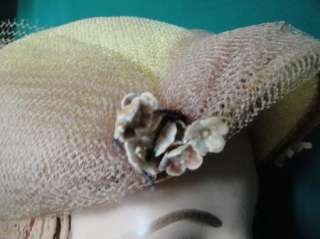 Sweet Vintage Light Brown Straw Hat Netting Flowers  