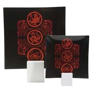  Legend of Dragon 8 Inch Square Glass Platter In Black w Red 