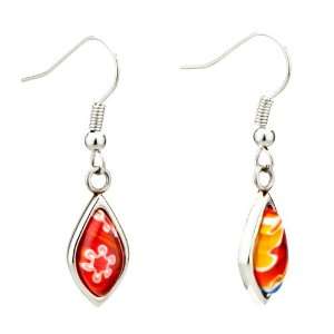  Silver Red Flower Drop Millefiori Murano Glass Earrings 