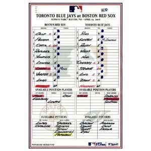  Blue Jays at Red Sox 4 29 2008 Game Used Lineup Card (MLB 