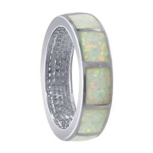 Sterling Silver Created White Opal Inlay Polish Finished 5mm Wide Band 