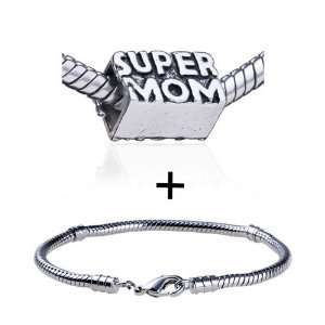 Mothers Day Gifts Cube Super Mom European Charm Bead Bracelet Fits 