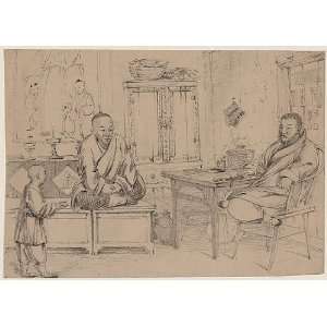    Interior view showing two men being served tea